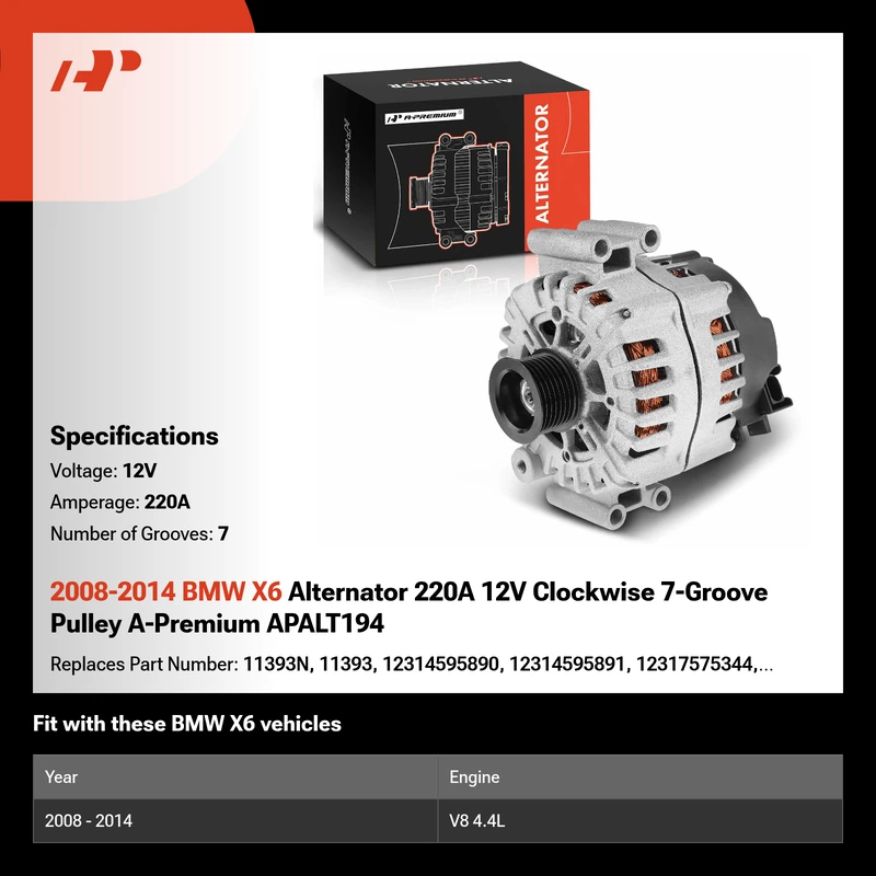 2008-2014 BMW X6 Alternator 220A 12V Clockwise 7-Groove Pulley A-Premium APALT194