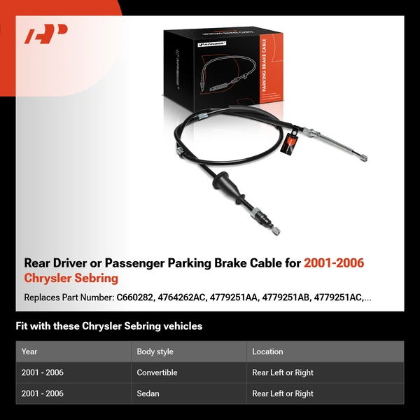 Rear Driver or Passenger Parking Brake Cable for 2001-2006 Chrysler Sebring