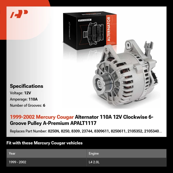 1999-2002 Mercury Cougar Alternator 110A 12V Clockwise 6-Groove Pulley A-Premium APALT1117