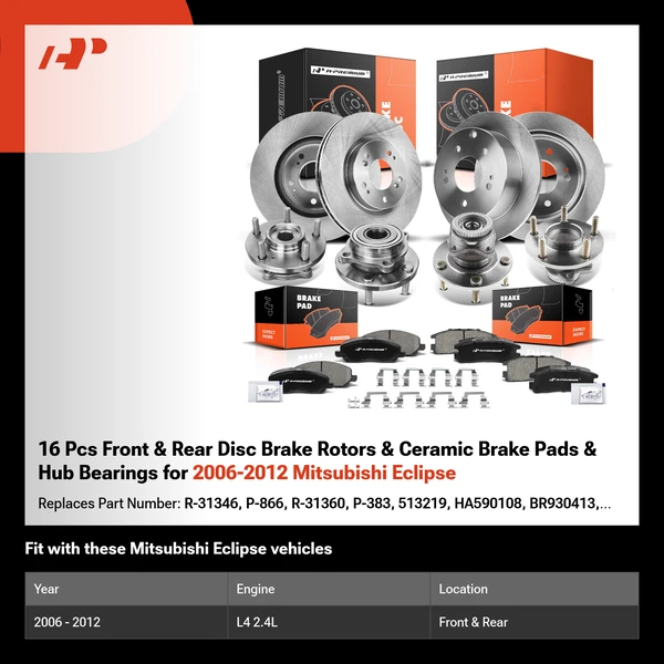16 Pcs Front & Rear Disc Brake Rotors & Ceramic Brake Pads & Hub Bearings for 2006-2012 Mitsubishi Eclipse