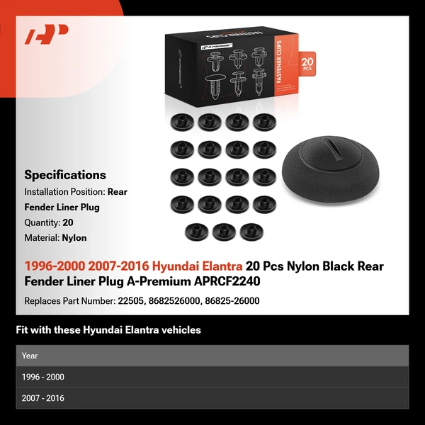 1996-2000 2007-2016 Hyundai Elantra 20 Pcs Nylon Black Rear Fender Liner Plug A-Premium APRCF2240