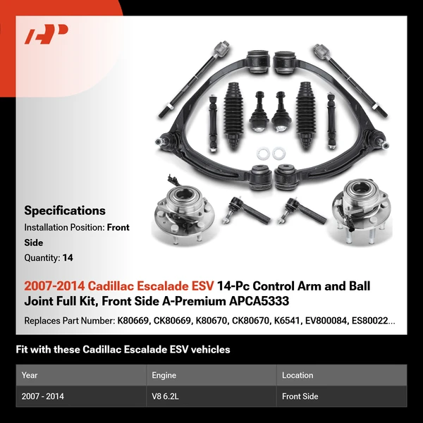 2007-2014 Cadillac Escalade ESV 14-Pc Control Arm and Ball Joint Full Kit, Front Side A-Premium APCA5333