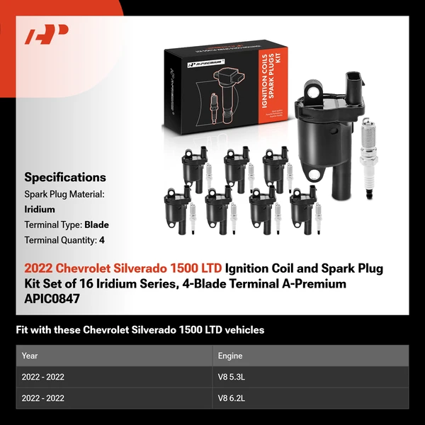 2022 Chevrolet Silverado 1500 LTD Ignition Coil and Spark Plug Kit Set of 16 Iridium Series, 4-Blade Terminal A-Premium APIC0847