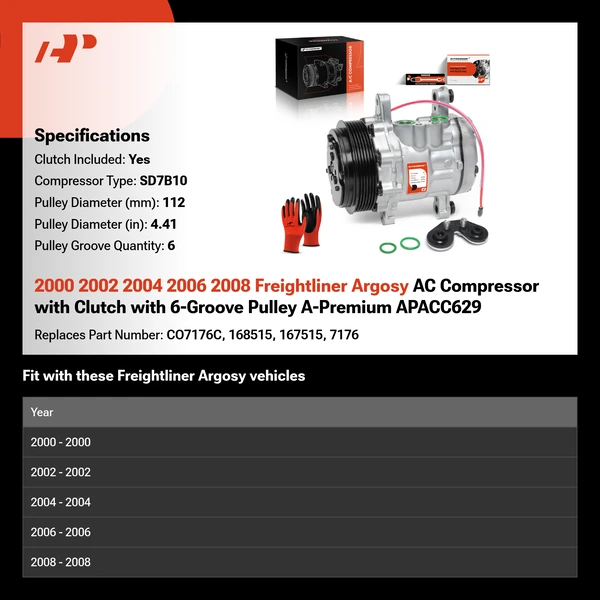 2000 2002 2004 2006 2008 Freightliner Argosy AC Compressor with Clutch with 6-Groove Pulley A-Premium APACC629