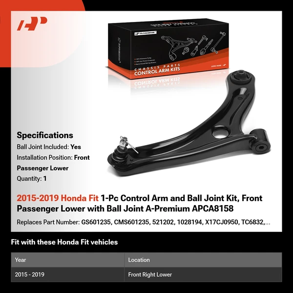 2015-2019 Honda Fit 1-Pc Control Arm and Ball Joint Kit, Front Passenger Lower with Ball Joint A-Premium APCA8158