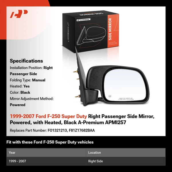 1999-2007 Ford F-250 Super Duty Right Passenger Side Mirror, Powered, with Heated, Black A-Premium APMI257