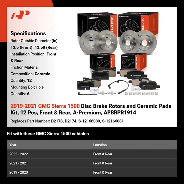 2019-2021 GMC Sierra 1500 Disc Brake Rotors and Ceramic Pads Kit, 12 Pcs, Front & Rear, A-Premium, APBRPR1914