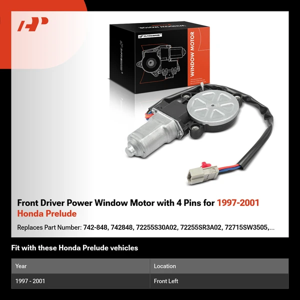 Front Driver Power Window Motor with 4 Pins for 1997-2001 Honda Prelude