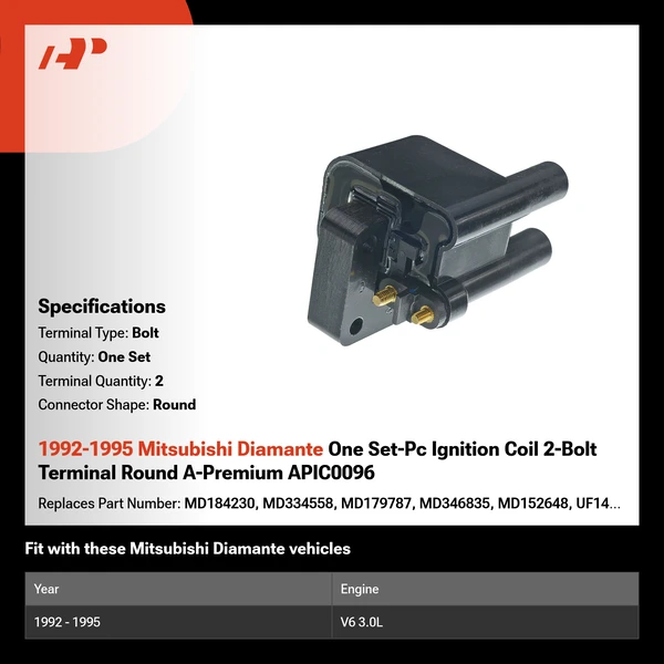 1992-1995 Mitsubishi Diamante One Set-Pc Ignition Coil 2-Bolt Terminal Round A-Premium APIC0096