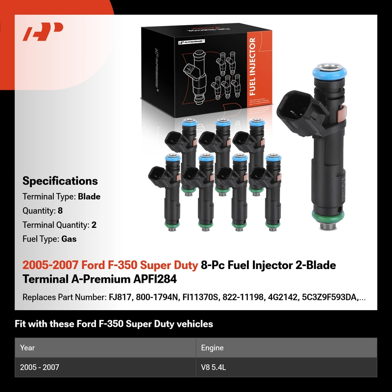 2005-2007 Ford F-350 Super Duty 8-Pc Fuel Injector 2-Blade Terminal A-Premium APFI284