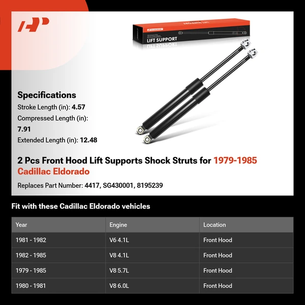 2 Pcs Front Hood Lift Supports Shock Struts for 1979-1985 Cadillac Eldorado