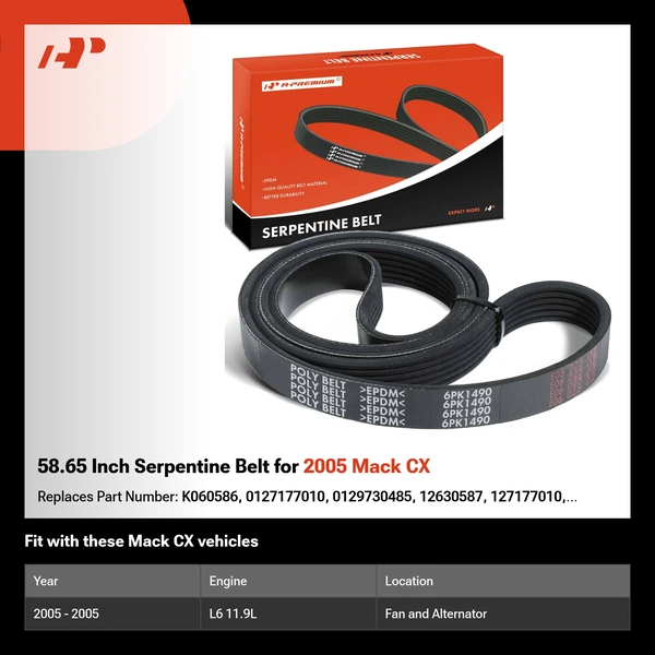 58.65 Inch Serpentine Belt for 2005 Mack CX