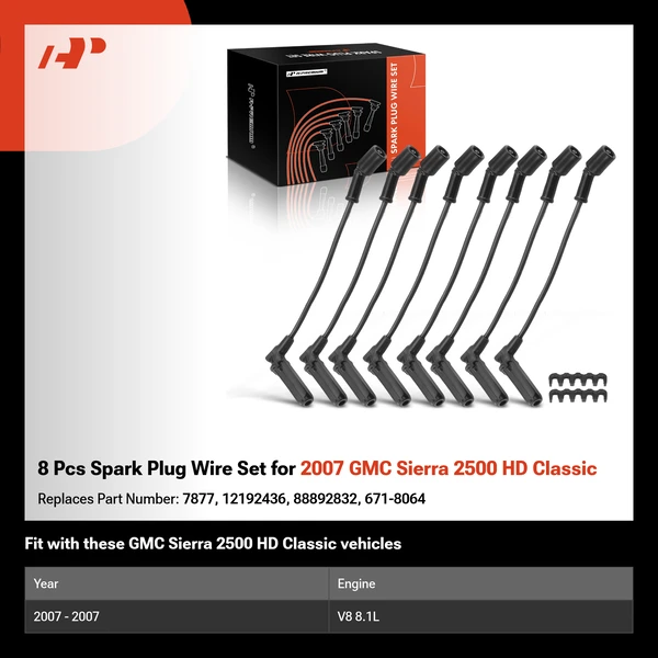8 Pcs Spark Plug Wire Set for 2007 GMC Sierra 2500 HD Classic