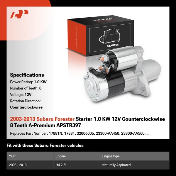 2003-2013 Subaru Forester Starter 1.0 KW 12V Counterclockwise 8 Teeth A-Premium APSTR397