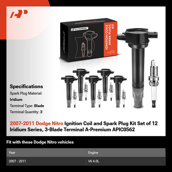 2007-2011 Dodge Nitro Ignition Coil and Spark Plug Kit Set of 12 Iridium Series, 3-Blade Terminal A-Premium APIC0562