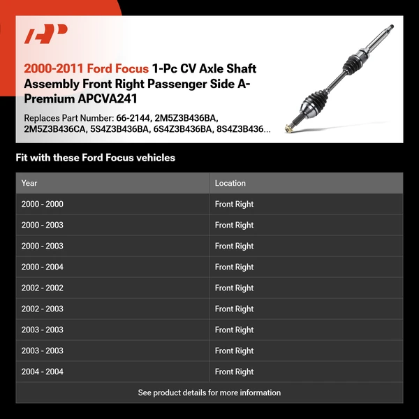 2000-2011 Ford Focus 1-Pc CV Axle Shaft Assembly Front Right Passenger Side A-Premium APCVA241