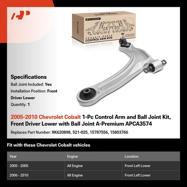 2005-2010 Chevrolet Cobalt 1-Pc Control Arm and Ball Joint Kit, Front Driver Lower with Ball Joint A-Premium APCA3574