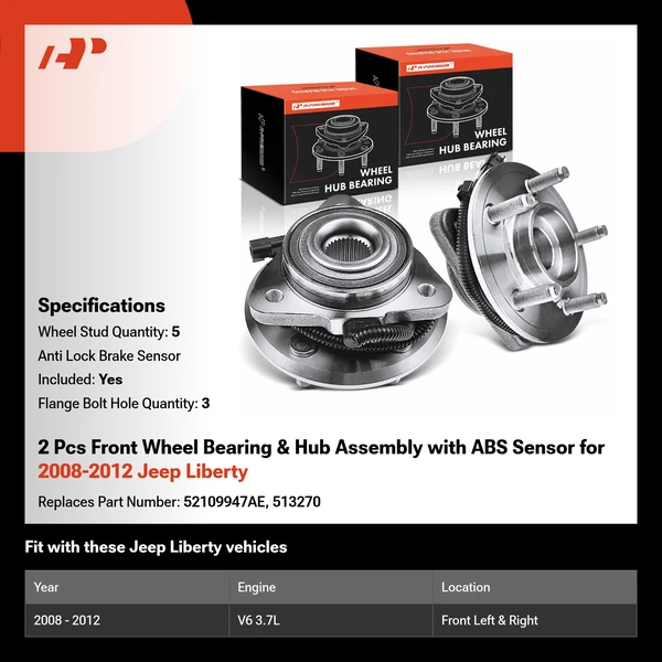 2 Pcs Front Wheel Bearing & Hub Assembly with ABS Sensor for 2008-2012 Jeep Liberty