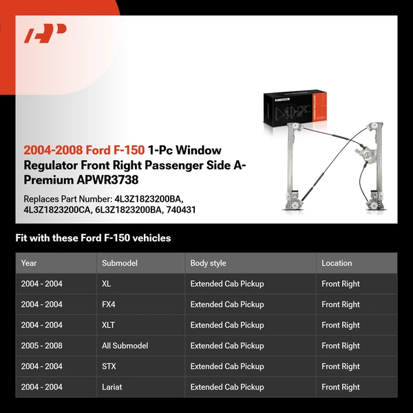 2004-2008 Ford F-150 1-Pc Window Regulator Front Right Passenger Side A-Premium APWR3738
