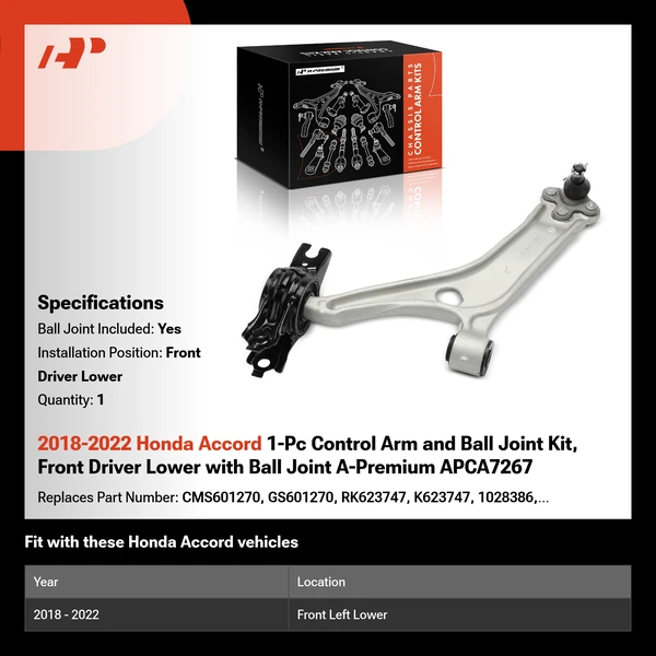 2018-2022 Honda Accord 1-Pc Control Arm and Ball Joint Kit, Front Driver Lower with Ball Joint A-Premium APCA7267