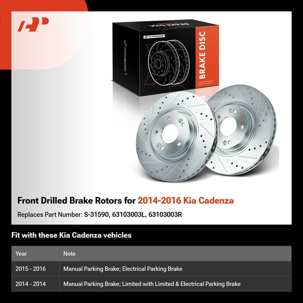 Front Drilled Brake Rotors for 2014-2016 Kia Cadenza
