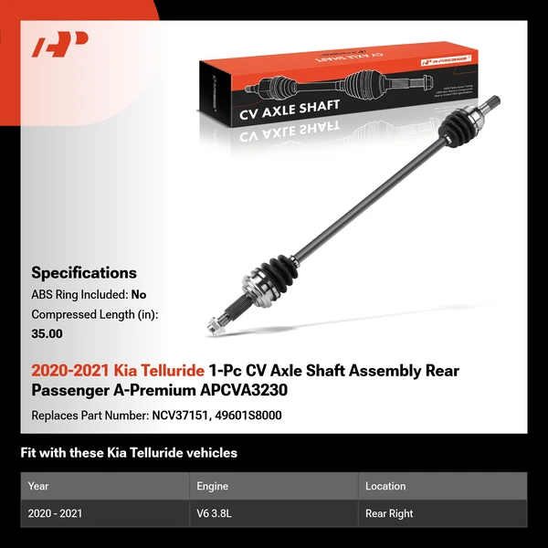2020-2021 Kia Telluride 1-Pc CV Axle Shaft Assembly Rear Passenger A-Premium APCVA3230