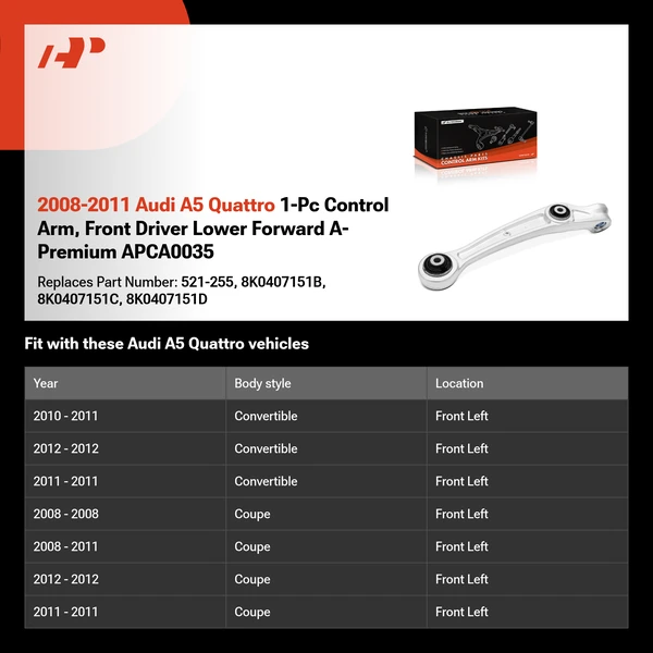 2008-2011 Audi A5 Quattro 1-Pc Control Arm, Front Driver Lower Forward A-Premium APCA0035