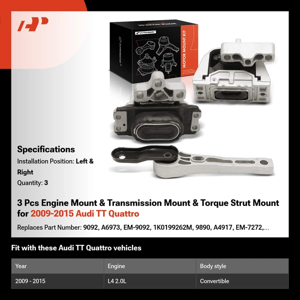 3 Pcs Engine Mount & Transmission Mount & Torque Strut Mount for 2009-2015 Audi TT Quattro