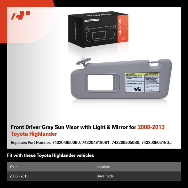 Front Driver Gray Sun Visor with Light & Mirror for 2008-2013 Toyota Highlander