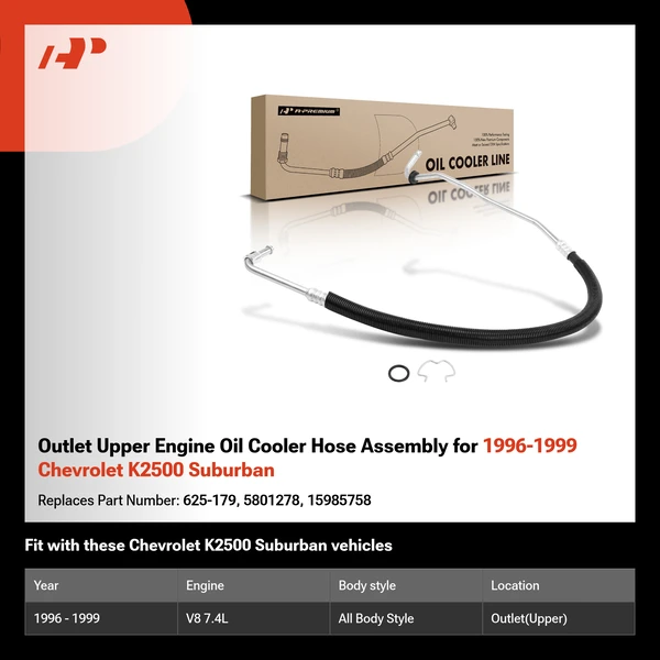 Outlet Upper Engine Oil Cooler Hose Assembly for 1996-1999 Chevrolet K2500 Suburban