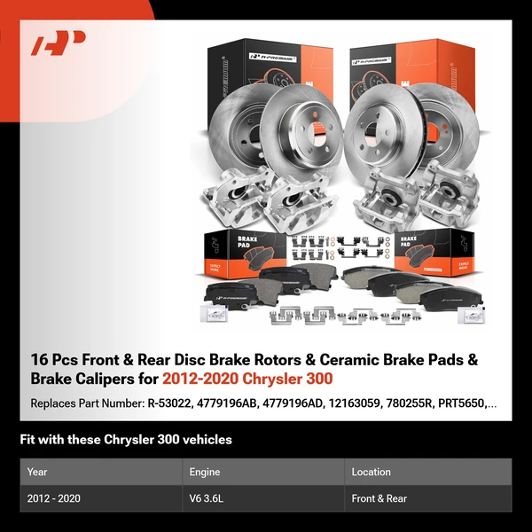 16 Pcs Front & Rear Disc Brake Rotors & Ceramic Brake Pads & Brake Calipers for 2012-2020 Chrysler 300