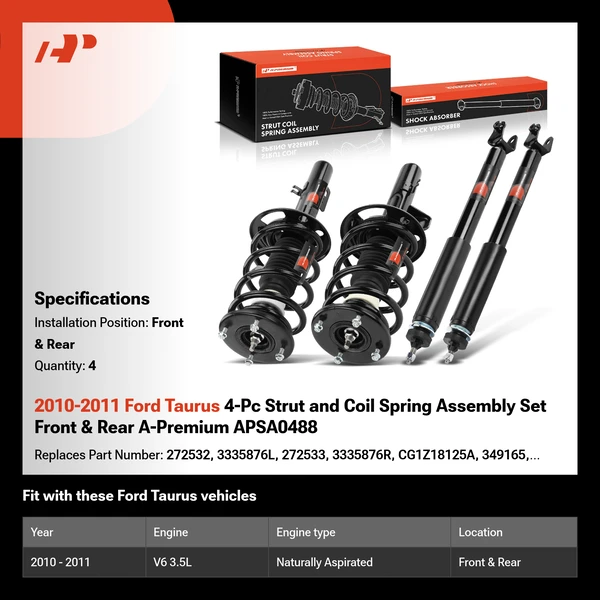 2010-2011 Ford Taurus 4-Pc Strut and Coil Spring Assembly Set Front & Rear A-Premium APSA0488