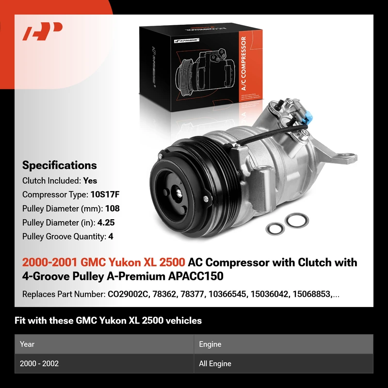 2000-2001 GMC Yukon XL 2500 AC Compressor with Clutch with 4-Groove Pulley A-Premium APACC150
