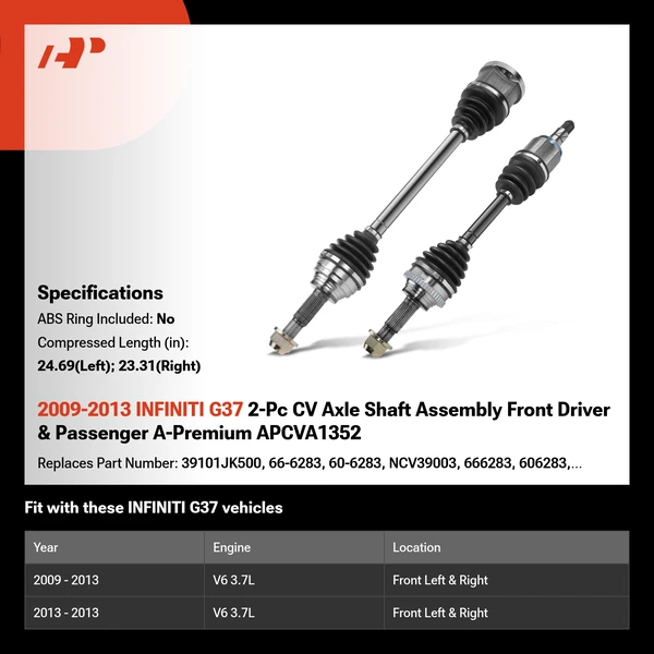 2009-2013 INFINITI G37 2-Pc CV Axle Shaft Assembly Front Driver & Passenger A-Premium APCVA1352