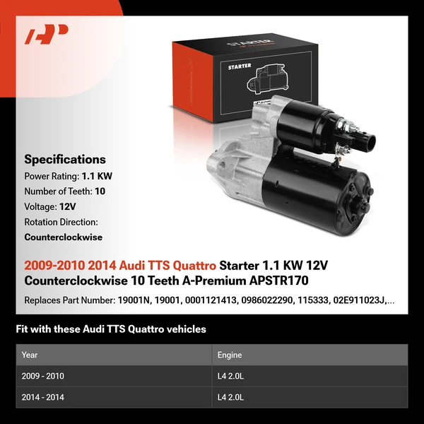 2009-2010 2014 Audi TTS Quattro Starter 1.1 KW 12V Counterclockwise 10 Teeth A-Premium APSTR170