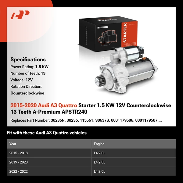 2015-2020 Audi A3 Quattro Starter 1.5 KW 12V Counterclockwise 13 Teeth A-Premium APSTR240