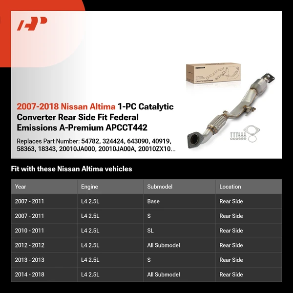 2007-2018 Nissan Altima 1-PC Catalytic Converter Rear Side Fit Federal Emissions A-Premium APCCT442