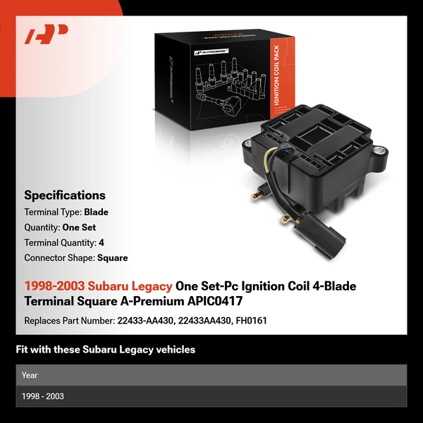 1998-2003 Subaru Legacy One Set-Pc Ignition Coil 4-Blade Terminal Square A-Premium APIC0417