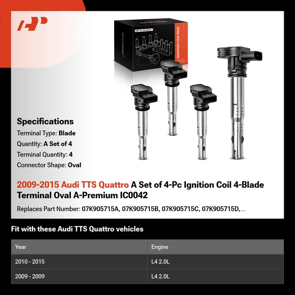 2009-2015 Audi TTS Quattro A Set of 4-Pc Ignition Coil 4-Blade Terminal Oval A-Premium IC0042