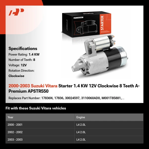 2000-2003 Suzuki Vitara Starter 1.4 KW 12V Clockwise 8 Teeth A-Premium APSTR550