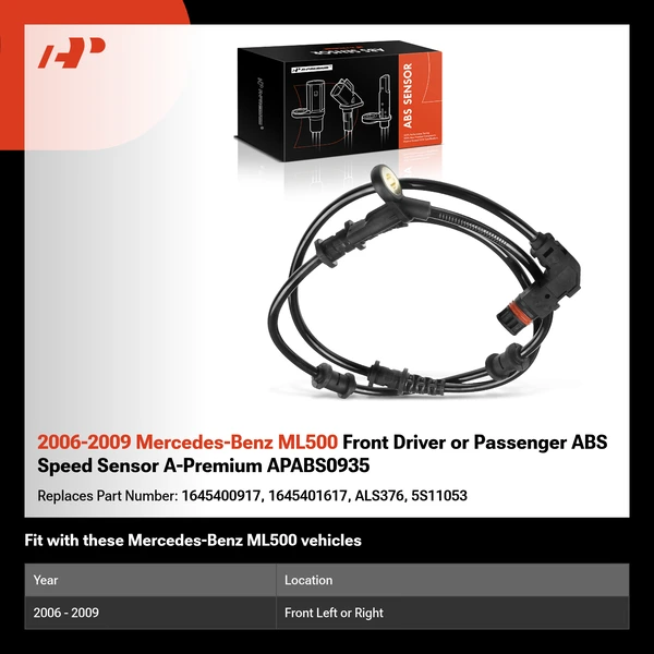 2006-2009 Mercedes-Benz ML500 Front Driver or Passenger ABS Speed Sensor A-Premium APABS0935