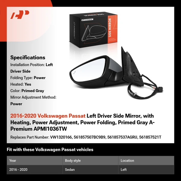 2016-2020 Volkswagen Passat Left Driver Side Mirror, with Heating, Power Adjustment, Power Folding, Primed Gray A-Premium APMI1036TW