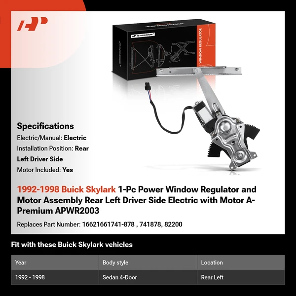 1992-1998 Buick Skylark 1-Pc Power Window Regulator and Motor Assembly Rear Left Driver Side Electric with Motor A-Premium APWR2003