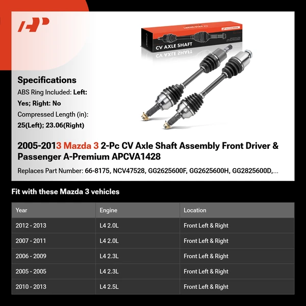 2005-2013 Mazda 3 2-Pc CV Axle Shaft Assembly Front Driver & Passenger A-Premium APCVA1428