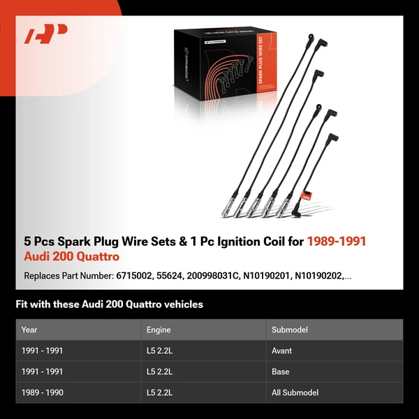 5 Pcs Spark Plug Wire Sets & 1 Pc Ignition Coil for 1989-1991 Audi 200 Quattro