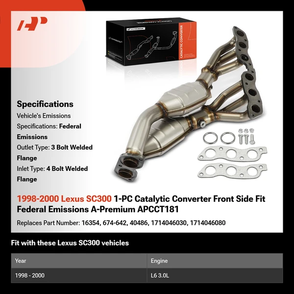 1998-2000 Lexus SC300 1-PC Catalytic Converter Front Side Fit Federal Emissions A-Premium APCCT181