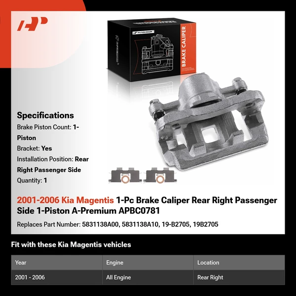 2001-2006 Kia Magentis 1-Pc Brake Caliper Rear Right Passenger Side 1-Piston A-Premium APBC0781