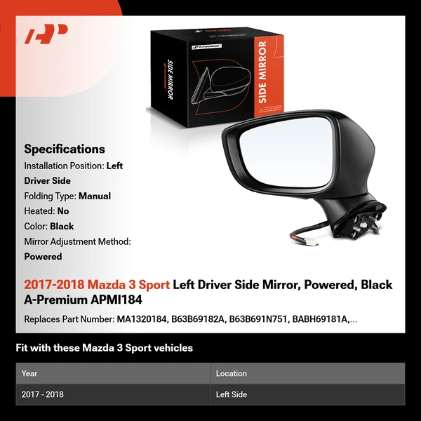 2017-2018 Mazda 3 Sport Left Driver Side Mirror, Powered, Black A-Premium APMI184