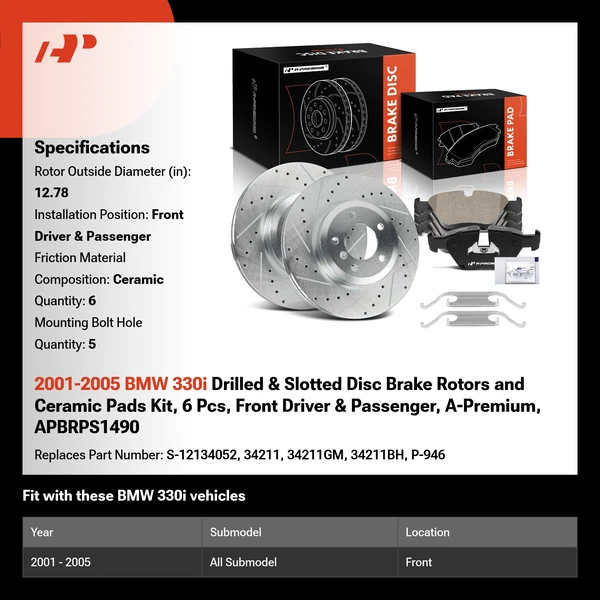 2001-2005 BMW 330i Drilled & Slotted Disc Brake Rotors and Ceramic Pads Kit, 6 Pcs, Front Driver & Passenger, A-Premium, APBRPS1490