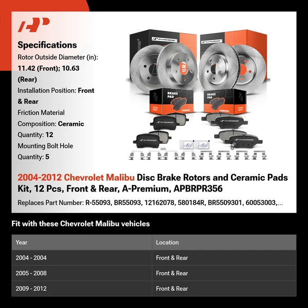 2004-2012 Chevrolet Malibu Disc Brake Rotors and Ceramic Pads Kit, 12 Pcs, Front & Rear, A-Premium, APBRPR356